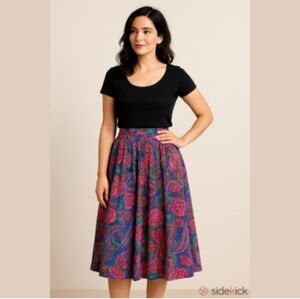 Vintage Bohemian Pleated Folk Midi Skirt Floral Paisely Cottagecore with Pockets